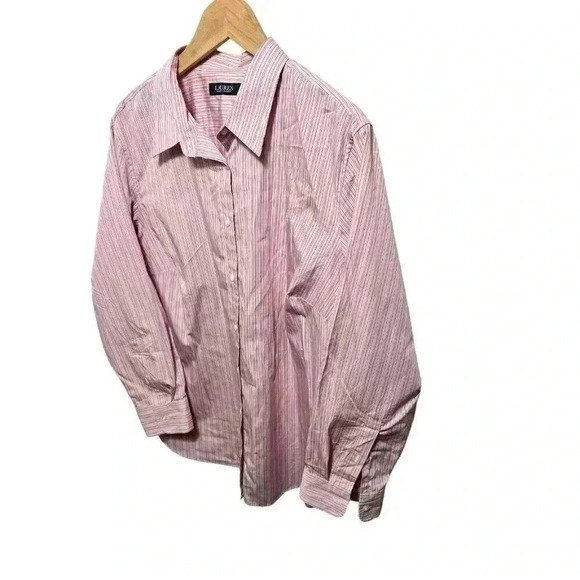 Ralph Lauren Womens Size 2X Plus Pink Striped Button Down Shirt with Crest - Picture 2 of 9
